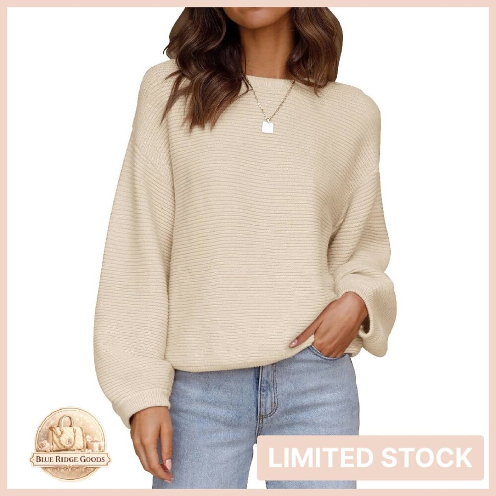 Crew Neck Lantern Sleeve Pullover Sweater Oversized Chic Fall Winter Casual